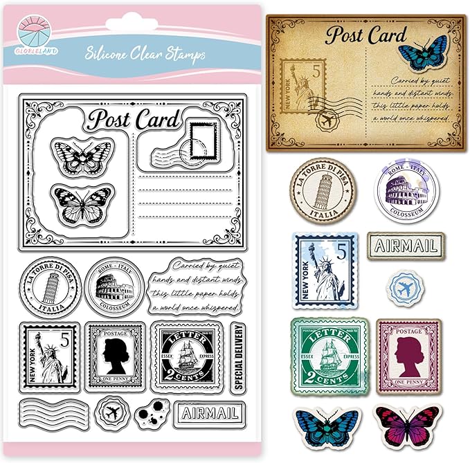 GLOBLELAND Vintage Butterfly Postcard Clear Stamps for Cards Making and Journaling Retro Airmail Transparent Stamp Silicone Stamps Seal for DIY Scrapbooking Embossing Photo Album Decor