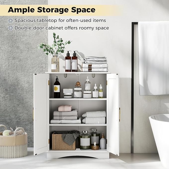 Tangkula Bathroom Floor Storage Cabinet, 31.5" H Freestanding Pantry Cabinet with 2 Doors and Adjustable Shelves, Kitchen Cupboard for Living Room, Dining Room, Bathroom (White, 31.5" H)