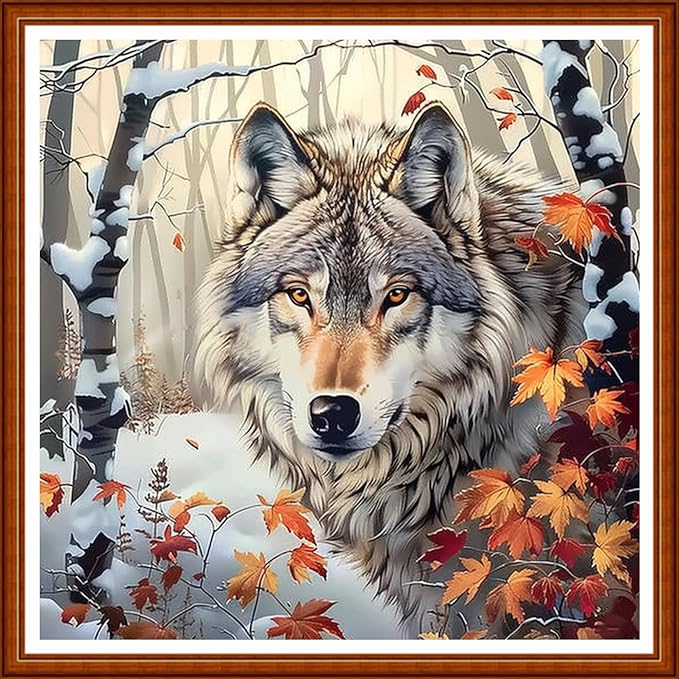 Funart Stamped Cross Stitch Kits for Beginners Full Range of Cross Stitching Preprinted Embroidery Kits for Adults, 11CT Embroidery Pattern Needlepoint Kits-Forest Snowscape Wolf 18x18 inch