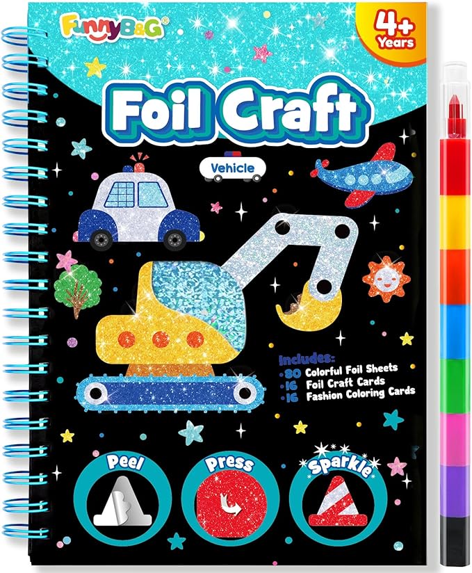FUNNYB&G Foil Art Craft for Kids - Christmas Crafts Gift Party Favors Stocking Stuffers for Kids Fun Art Supplies Creative Birthday Gift Travel Toys for Girls Boys 4 5 6 7 8 9 Years Old (Vehicle)