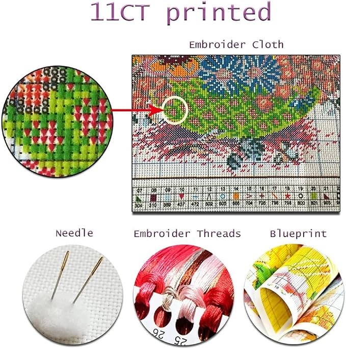 Funart Stamped Cross Stitch Kits for Beginners Full Range of Cross Stitching Preprinted Embroidery Kits for Adults, 11CT Embroidery Pattern Needlepoint Kits-Bookshelf Cat Reading 18x18 inch