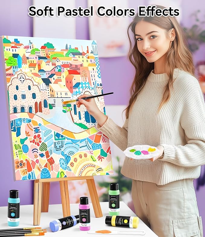 64 PCS Pastel Acrylic Paint Set with 12 Brushes, 2 Knives & Palette, 48 Colors (2oz/60ml) Art Craft Paint for Adults Kids Artists Beginners, Canvas Ceramic Rocks Wood Painting Kit Art Supplies