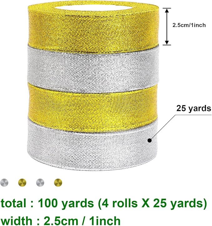 DECYOOL 4 Rolls 100 Yards Christmas Ribbons 1 Inch Wide Holiday Metallic Glitter Ribbons for Gift Wrapping and DIY Craft, Gold & Silver