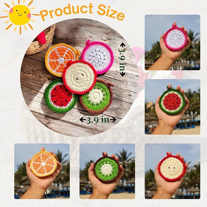 Handmade Yarn Coasters with Storage Basket – 5-Pack Soft Crochet Drink Coasters – Washable, Durable – Unique Gift for Coffee Lovers, Housewarming, Birthday (Fruit)