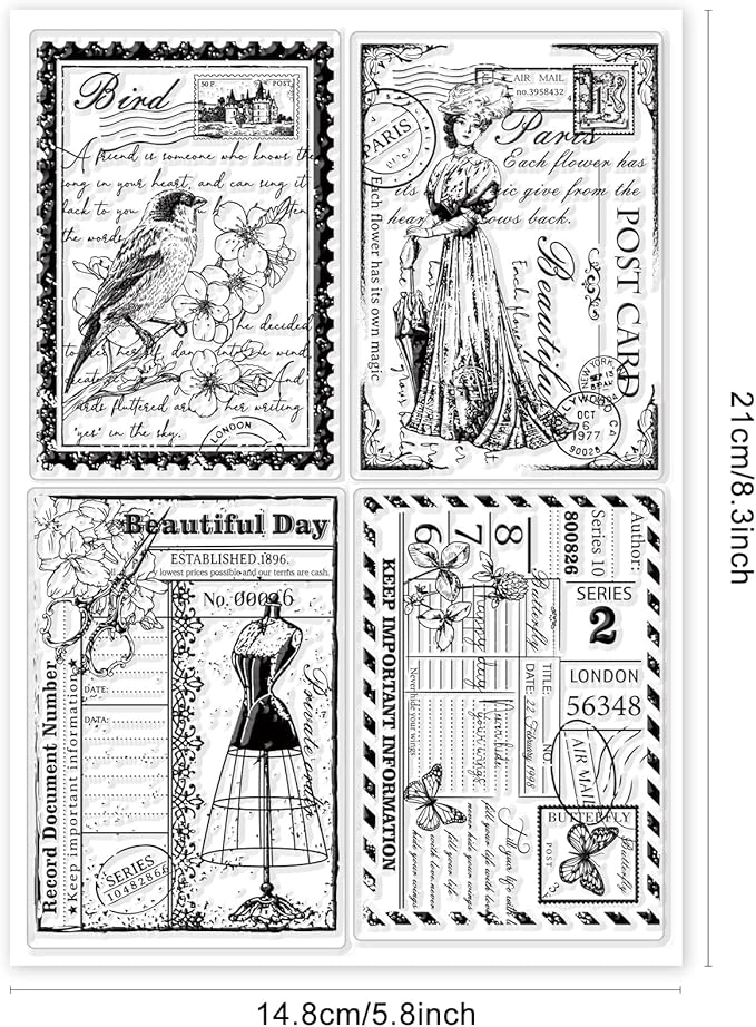 GLOBLELAND Vintage Ticket Postcard Clear Stamps for Card Making Butterfly Dress Lady Transparent Silicone Stamps for DIY Scrapbooking Supplies Embossing Paper Card Album