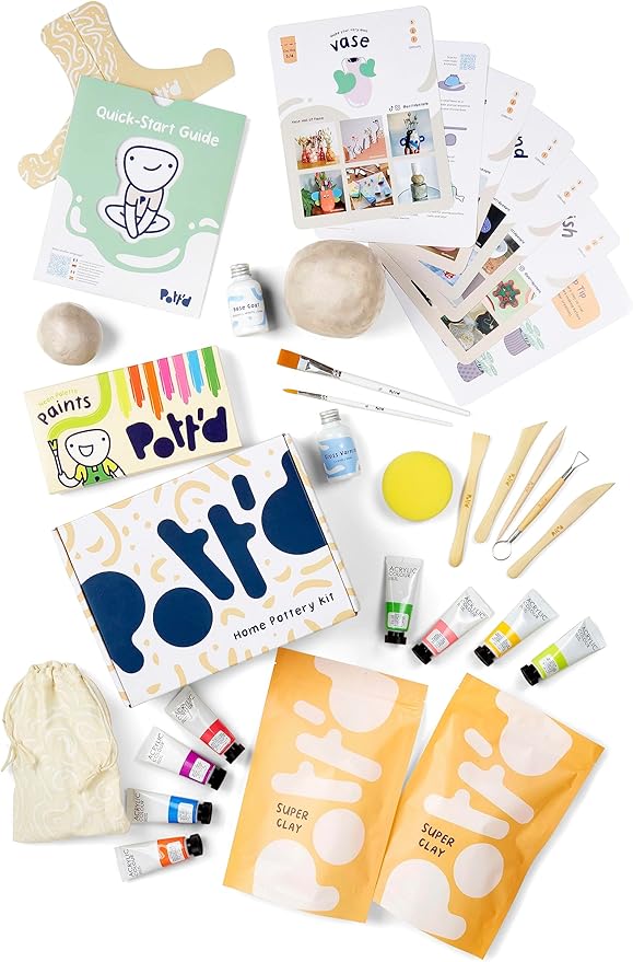 Pott'd Air Dry Clay for Adults. Beginners Home Pottery Kit for Adults. DIY Craft Kit for Adult. Kit Includes: Air-Dry Clay for Adult, Tools, Paints, Brushes, Sealant, How-to-Guides
