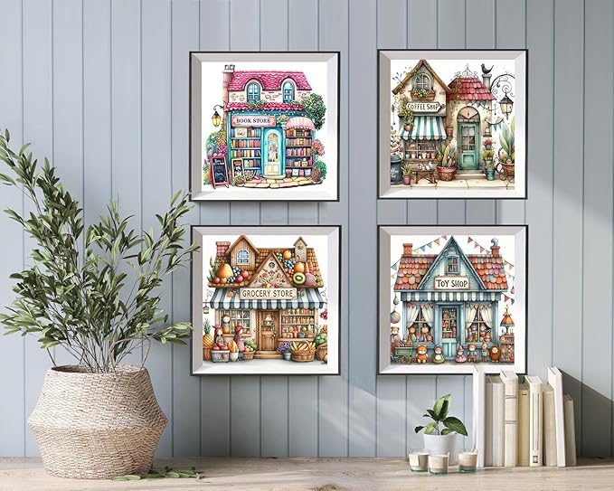 4 Packs Store Diamond Painting Kits for Adults, 5D Diamond Art Painting by Numbers Kits, DIY Shop Diamond Dots Art Kits, Full Round Drill Diamond Art Kits for Adults for Home Wall Decor, 13.8x13.8in