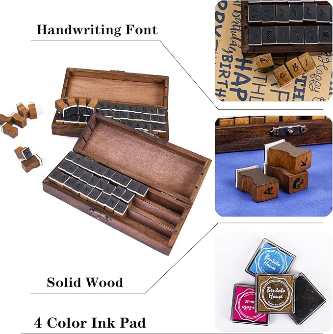 Rancco Alphabet Stamps for Crafts w/ 4 Ink Pad, 84 Pc Vintage Wooden Rubber Stamps w/Storage Box, 2 Set Mini Handwriting Number, Symbol & Letter Stamps for Gift Card Making, DIY Scrapbook, Clay Craft
