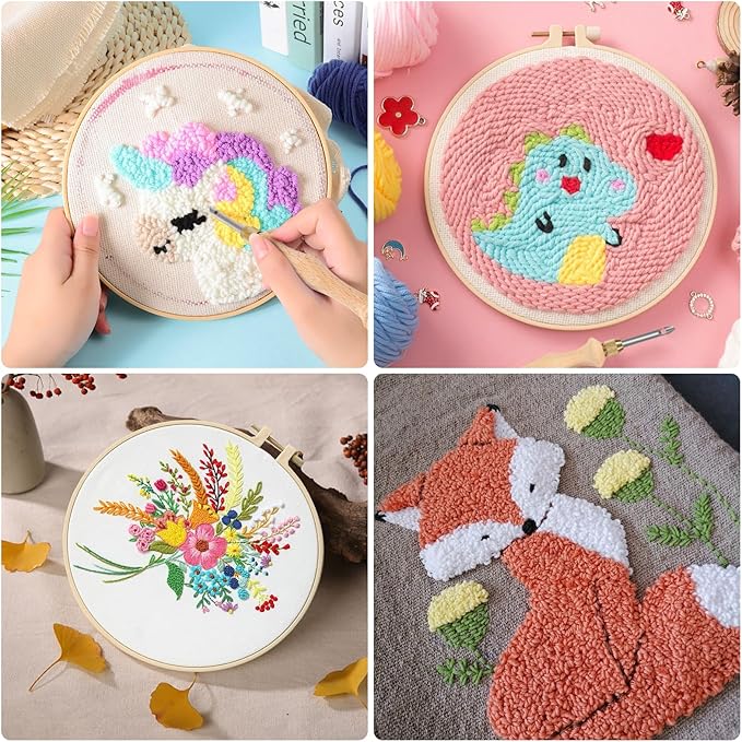 JSRQT Punch Needle Tool Set,Punch Needle Starter Kit,Adjustable Wooden Needle Punch,Rug Hooking Beginner Kit for Adults Beginner Embroidery