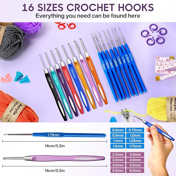 Crochet Kit, 1600 Yarns 35 Colors Acrylic Yarn Skeins, Crochet Hook Accessories and A Storage Bag, Yarn for Crocheting Suitable for Knitting, Knitting Kit Gift for Adult and Beginner, Dark Black