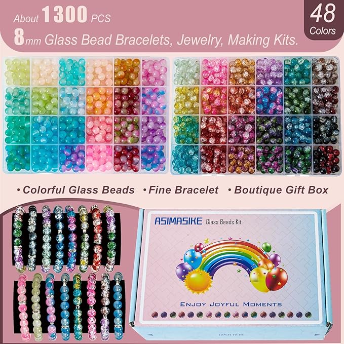 1300 Pcs Glass Beads for Jewelry Making – 8mm Beads in 48 Colors, 2 Box Set of Bulk Glass Beads for Bracelets, Crafts & DIY Gifts