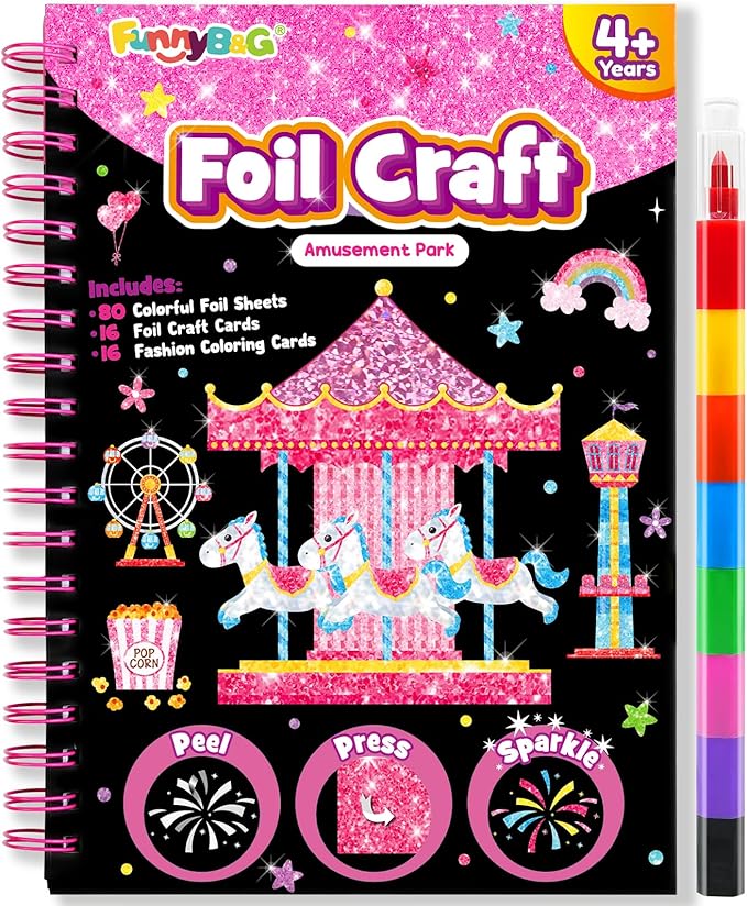 FUNNYB&G Foil Art Craft for Kids - Christmas Crafts Gift Party Favors Stocking Stuffers for Kids Art Supplies Creative Birthday Gift Travel Toys for Girls Boys 4 5 6 7 8 9 Years Old(Amusement Park)