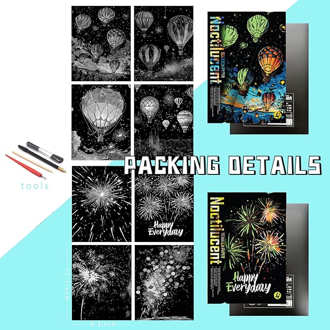 Scratch Paper Art for Adults-Glow in The Dark Scratch Painting Craft Kit (8 Sheets A4)|DIY Foil Engraving Art Set|Stress Relief Gift for Travel Lovers,Craft Lovers,Home Decors (Fireworks)