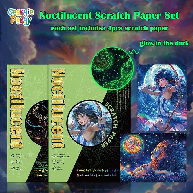 Georgie Porgy Scratch Paper Art Set for Kids Adults Magic Rainbow Scratchboards for DIY Arts and Crafts Kits Christmas Birthday Gift with Scratching Tools Kit (A4-Noctilucent Beast + Constellation)