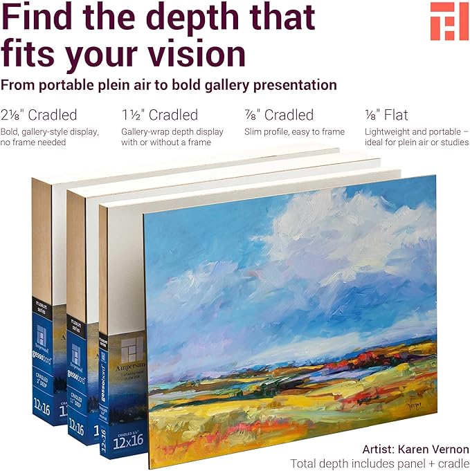 Ampersand Art Supply Gesso Wood Painting Panel: Museum Series Gessobord, 12" x 12", 1-1/2" Cradled Profile