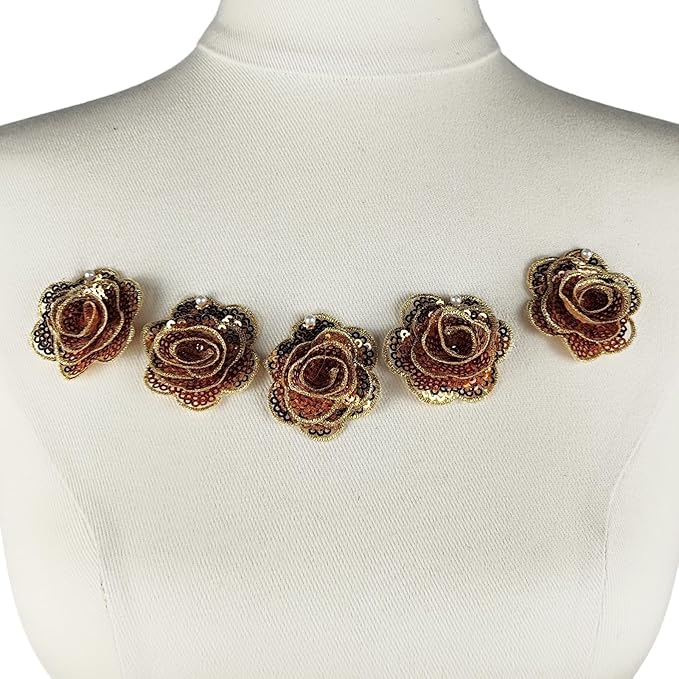 5 PC Rose Flower Sequins Lace Embroidery Patch Applique Trim Wedding Dress DIY Sewing Craft Clothes Applique, 1.6 Inch, Gold