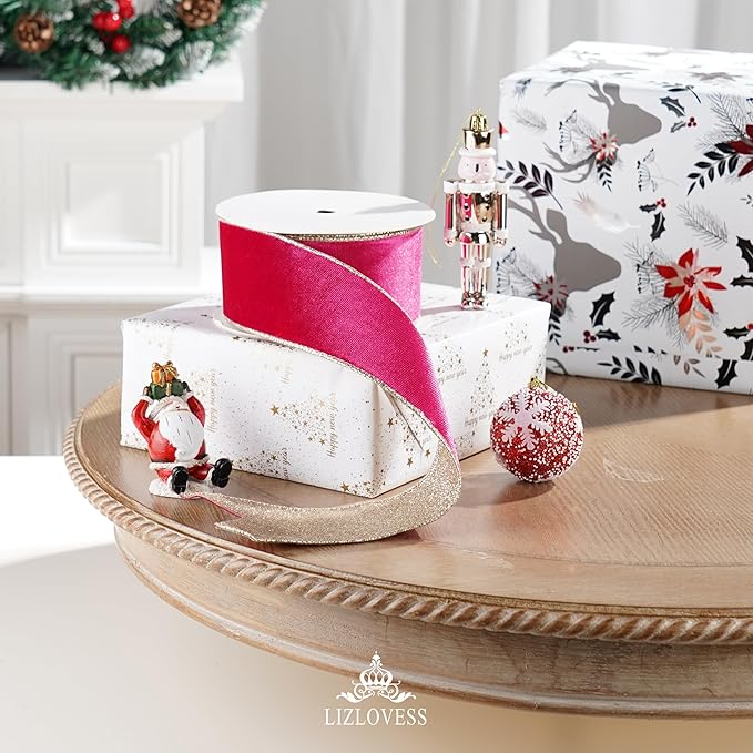 Hot Pink Velvet Wired Ribbon with Glitter Back 2.5 Inch Pink and Gold Christmas Ribbon Wired Fuschia Ribbon for Valentine's Day, Gift Wrapping, Wreaths Supplies (10 Yards)