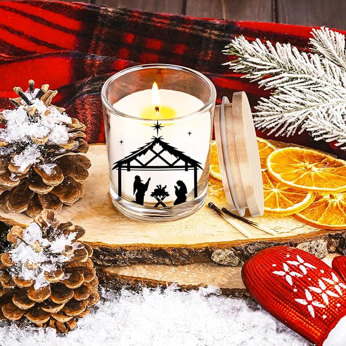 10 Pcs Christmas Glass Candle Jars Empty Containers Bulk 7 oz Glass Jars with Cork Lids Tins for Candle Making Storing Biscuits Tea Party Favors(Nativity)