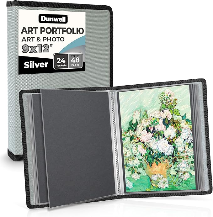 Dunwell Art Portfolio 9x12 Folder (Silver), Black Mounting Paper, Portfolio Binder for Artwork, 9 x 12 Art Folder, 24 Pockets Display 48 Pages, Acid-Free Poly Presentation Book