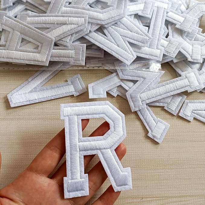 2.9 inch Iron on Letter Patches 52 Pieces, A-Z Embroidered Alphabet Patches for Clothing Jackets Hats Backpacks Jeans White