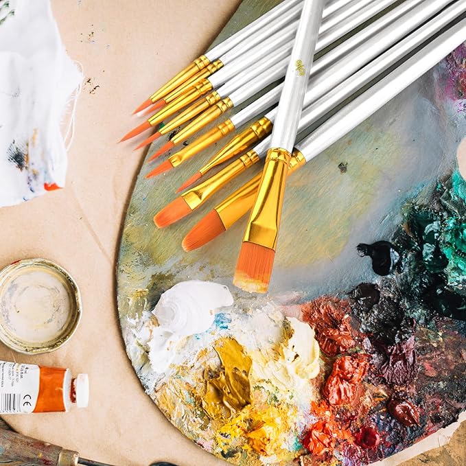 Acrylic Paint Brushes Set, 50Pcs Round Pointed Tip Artist Paintbrushes for Acrylic Painting Oil Watercolor Canvas Boards Rock Body Face Nail Art, Halloween Pumpkin Ceramic Crafts Supplies，White