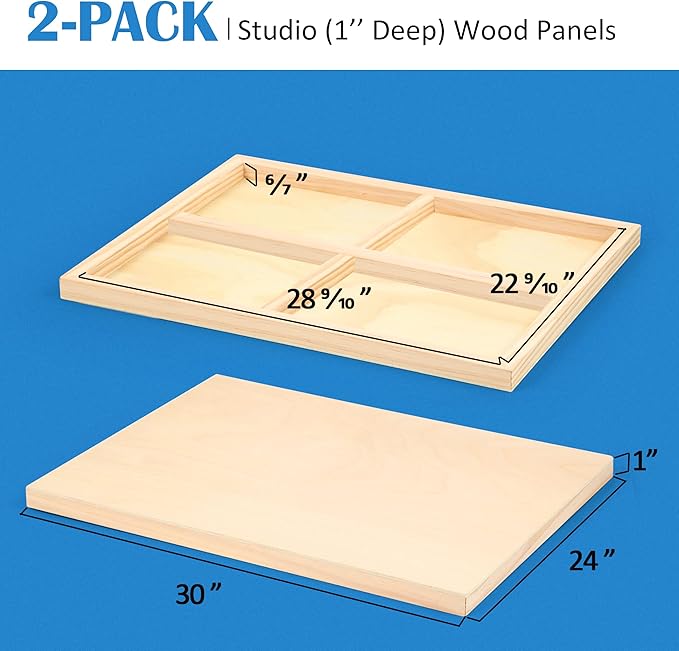 Falling in Art Unfinished Birch Wood Panels Kit for Painting, Wooden Canvas 2 Pack of 24”x30” Studio 1” Deep, Cradle Boards for Pouring, Art, Crafts, Burning and More