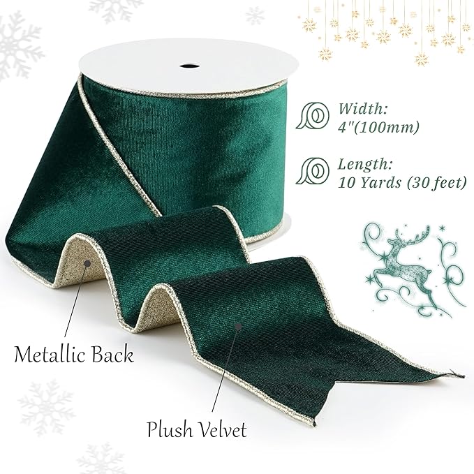 Green Velvet Wired Ribbon with Glitter Back 4 Inch Dark Green and Gold Christmas Ribbon Wired Ribbon for Christmas Tree, Gift Wrapping, Crafts, Wreaths Supplies, Topper Bows (10 Yards)