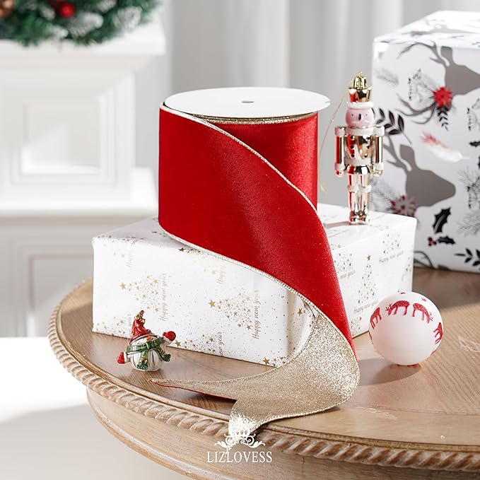 Red Velvet Wired Ribbon with Glitter Back 4 Inch Red and Gold Christmas Ribbon Wired Ribbon for Christmas Tree, Gift Wrapping, Mantel, Wreaths Supplies, Topper Bows (10 Yards)