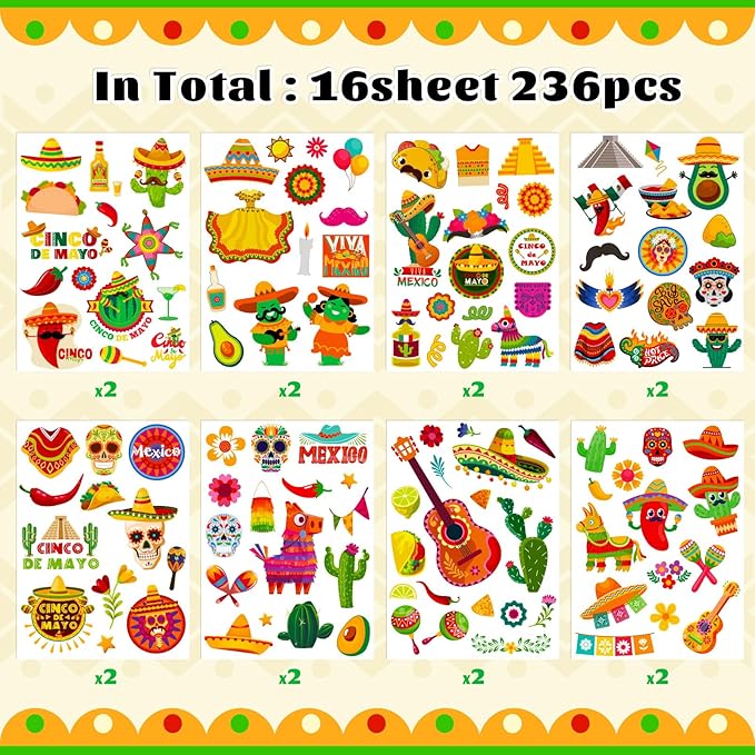Cinco De Mayo Stickers for Kids, 236Pcs Funny Mexican Fiesta Stickers for Mexican Taco Party Favors Boys and Girls Gifts
