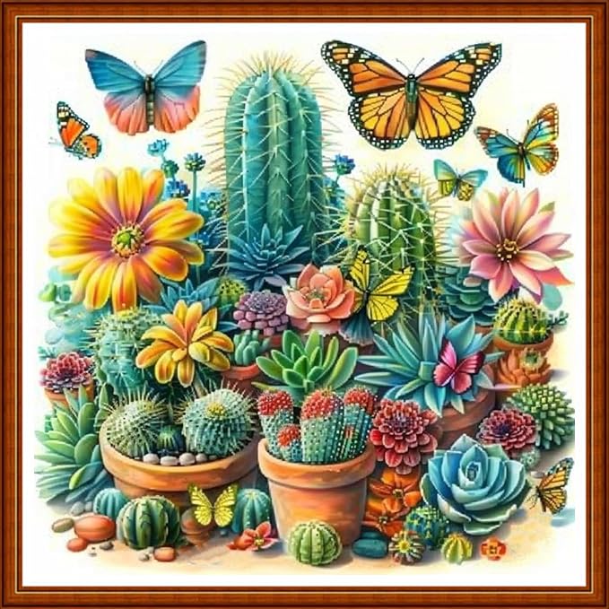 Funart Stamped Cross Stitch Kits for Beginners Full Range of Cross Stitching Preprinted Embroidery Kits for Adults, 11CT Embroidery Pattern Needlepoint Kits-Butterfly Succulent Plant 18x18 inch
