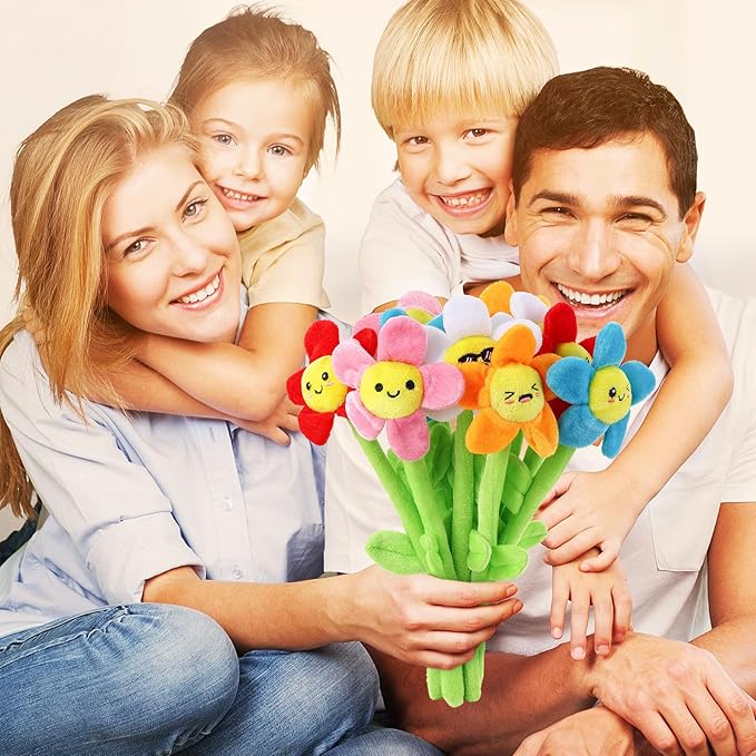 10 Pcs Plush Smile Flower Stuffed Bendable Stems Plush Bouquet Toy Soft Flower 12.6 Inch for Christmas 2025 Mother's Day Girl Girlfriend Wife(Cute Style)