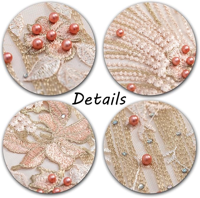 Beaded Pearl Flower Fabric Lace Applique, Floral Embroidered Patches Handmade Sewing Tool for DIY Neckline Bodice Wedding Bridal Prom Dress(Apricot-Small)