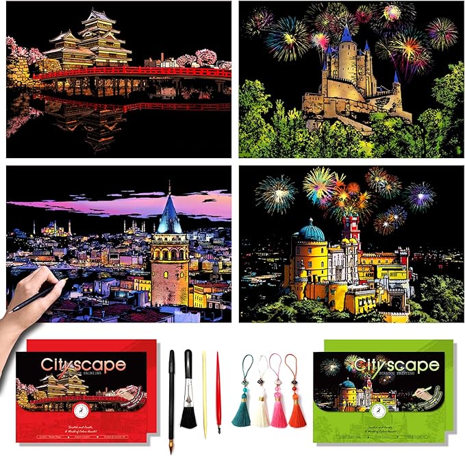 Scratch Art for Adults-Scratch Painting Craft Kit (4 Sheets 16x11 in)|Foil Engraving Art Set|Stress Relief Gift for Travel Lovers,Craft Lovers|Creative Scratch Art Home Decor(City Scape 3)