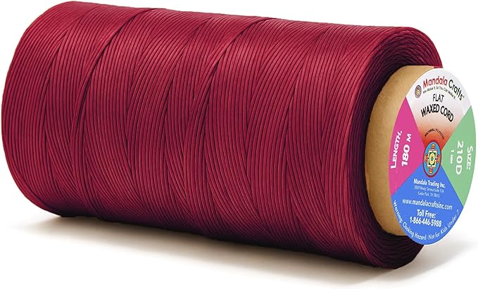 Mandala Crafts Burgundy Flat Waxed Thread for Leather Sewing - 197 Yds 210D 1mm Polyester Leather Thread String Waxed Cord for Leatherwork, Beading, Bookbinding, Hand Stitching