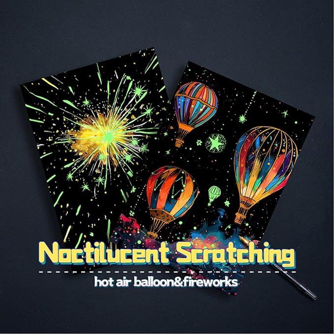 Scratch Paper Art for Adults-Glow in The Dark Scratch Painting Craft Kit (8 Sheets A4)|DIY Foil Engraving Art Set|Stress Relief Gift for Travel Lovers,Craft Lovers,Home Decors (Fireworks)