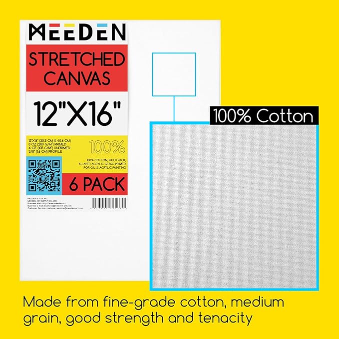 MEEDEN Stretched Canvas, 12 × 16 Inch, Pack of 6, Blank White Canvases for Painting, 100% Cotton, 13 oz Gesso-Primed, Pre-Stretched Canvas for Acrylic Oil Pouring & Airbrushing Painting