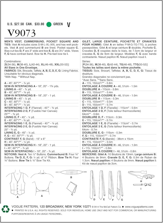 Vogue Patterns V9073 Men's Vest, Cummerbund, Pocket Square and Ties Sewing Template, One Size