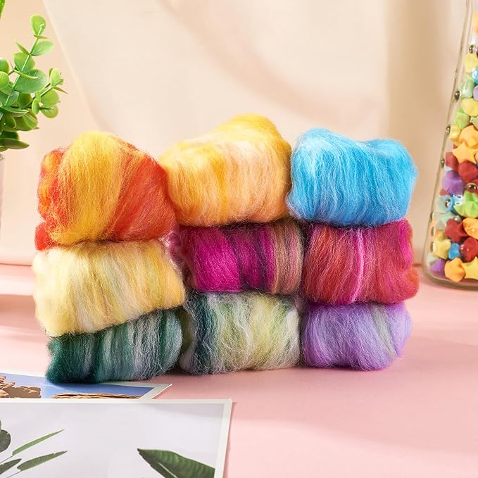 FASHEWELRY 1.5 OZ Wool Felting Set for DIY Craft, Nature Wool Roving Needle Felt Wool Roving for Needle Felting Hand Spinning DIY Craft Materials (9 Colors)
