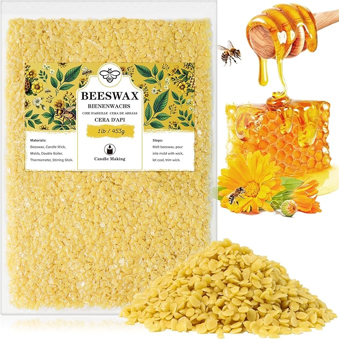 Beeswax pellets 1LB, VEGISHINE Pure and Natural Yellow Beeswax for Candle Making, DIY Skin Care, Lip Balm, Polishing, Lotion, Soap, Candle Making Supplies