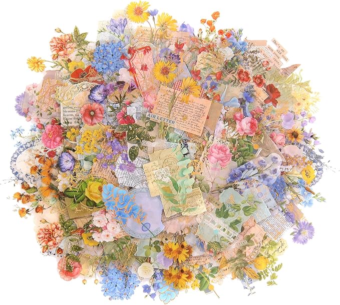 Dizdkizd Die Cut Gold Foil Floral Stickers (180 Pieces), Transparent Aesthetics Sticker Set Vintage Flower Decals for Scrapbooking Card Making Journaling Paper Crafting