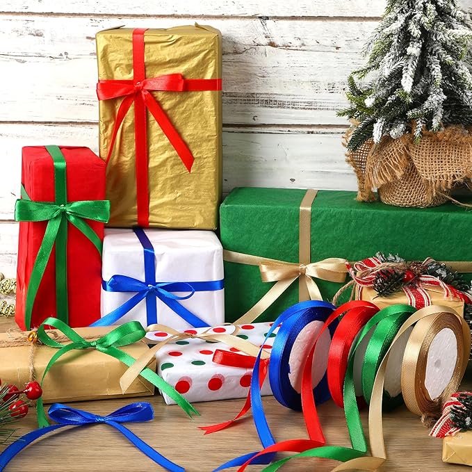 DECYOOL Christmas Ribbons, 4 Rolls 100 Yards Christmas Satin Ribbons 10mm Wide Holiday Craft Ribbons for Gift Wrapping and Xmas Decoration, Red & Green & Royal Blue & Champagne Gold
