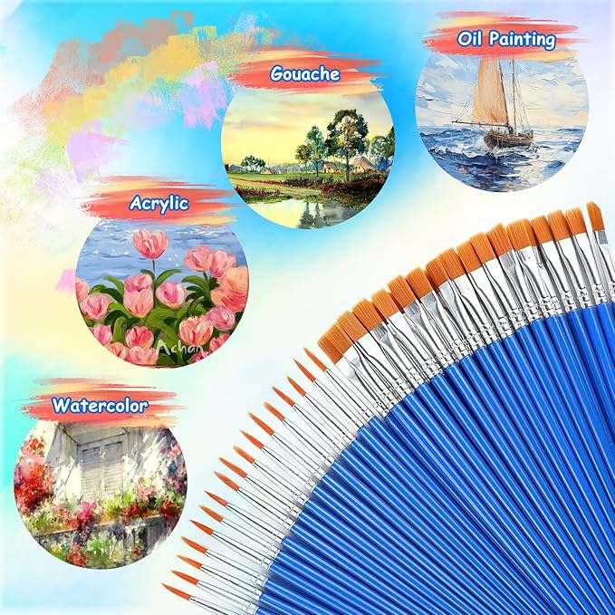 Small Paint Brushes Bulk 120 Pcs - Flat & Round Tip for Acrylic Watercolor Canvas Face Painting, Kids Classroom Art Supplies & Touch Up Kits