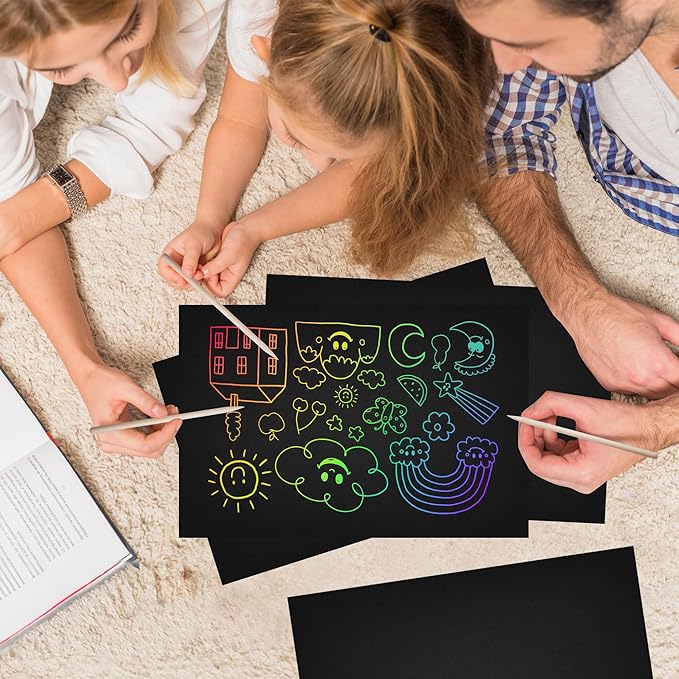 50 Piece Rainbow Scratch Paper - 4 Wooden Styluses Included - Create Rainbow Scratch Art With This Jumbo Craft Pack