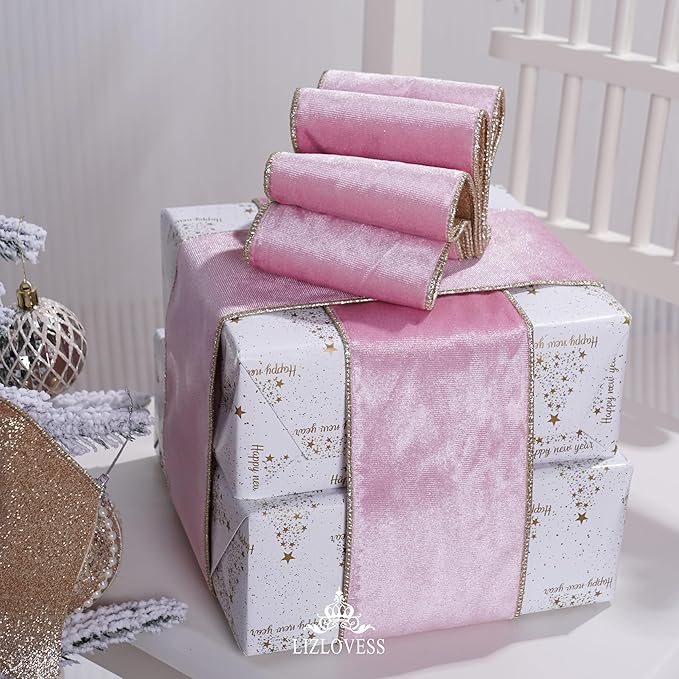 Pink Velvet Wired Ribbon With Glitter Back 4 Inch Gold Christmas Ribbon for Tree, Gift Wrapping, Mantel, Wreaths Supplies, Topper Bows (10 Yards)
