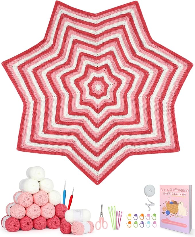 Katech Crochet Kit for Beginners, Learn to Crochet Granny Square Star Blanket Kits w/Step-by-Step Video Tutorials-Complete Beginner Crocheting Kit for Adults Kids-Easy Knitting Kit w/Enough Soft Yarn