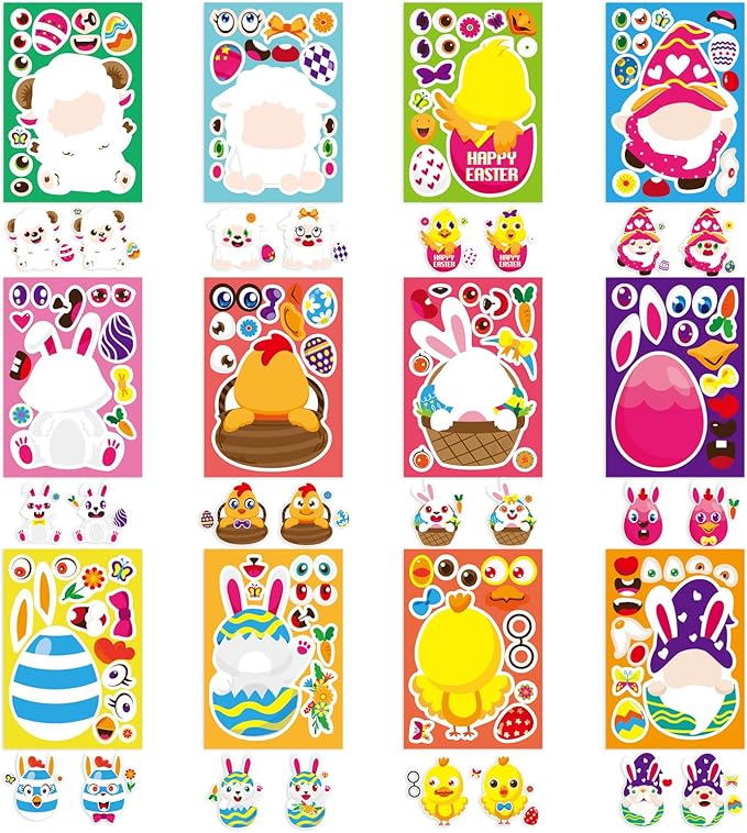 36 PCS Make a Face Stickers for Kids Make Your Own Stickers with Easter Chick Bunny Sheep Egg Pattern for Boys Girls Children Party Supplies Exchange Gifts(12 Design)