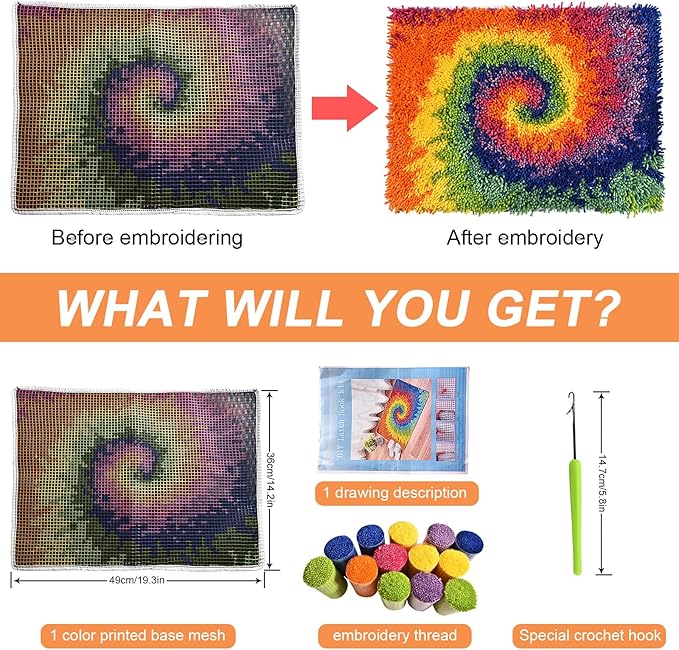 kingsea Latch Hook Kits DIY Crochet Needlework Crafts Color Printed Rug Cover Cushion Carpet, Latch Hook Kits for Adults Teen Home Decoration, Rainbow Roll - 20"X 15"