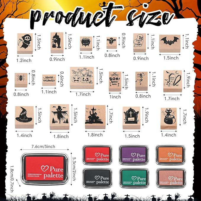 17 Pcs Halloween Wooden Rubber Stamps with Craft Ink Pads Mixed Spooky Witch Rubber Stamps for Card Making Decoration Party Gift Decor Scrapbooking Supplies