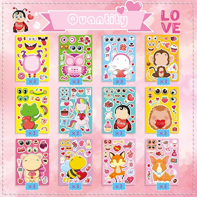 Valentine Stickers for Kids Toddlers, 36 Sheets Valentines Day Make a Face Stickers, Make Your Own Animal with Heart Mix Stickers for Kids Valentines Day Activities Party Favors