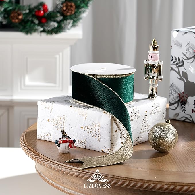 Hunter Green Velvet Wired Ribbon with Glitter Back 2.5 Inch Dark Green and Gold Christmas Wired Ribbon for Christmas Tree, Gift Wrapping, Crafts, Wreaths Supplies, Topper Bows (10 Yards)